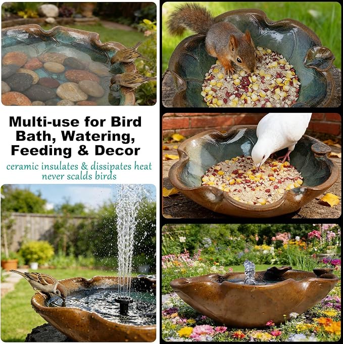 Ceramic Birdbath Solar Fountain, 12.5-Inch Heavy Duty Ceramic Bird Bath Bowl for Outdoor Water Fountain, Wildlife Drinking Station & Ground Feeder, Garden Patio Décor