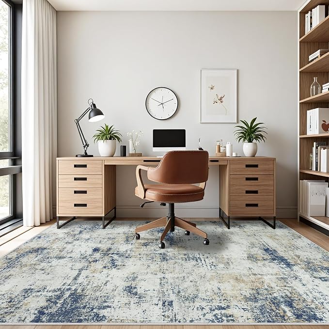 Tosuoka 6x9 Area Rugs for Living Room Abstract Washable Blue Brown Rug | With Anti-Slip Backing，Non-Shedding，Stain-Resistant，Soft Modern Large Carpet for Bedroom Dining Room Farmhouse Nursery