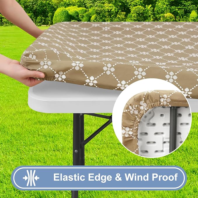 misaya Rectangle Vinyl Table Cloth, Elastic Fitted Tablecloth with Flannel Backing, Waterproof Plastic Table Cover Fits 4 Foot Folding Tables for Picnic, Camping, Indoor and Outdoor (Khaki, 30" x 48")