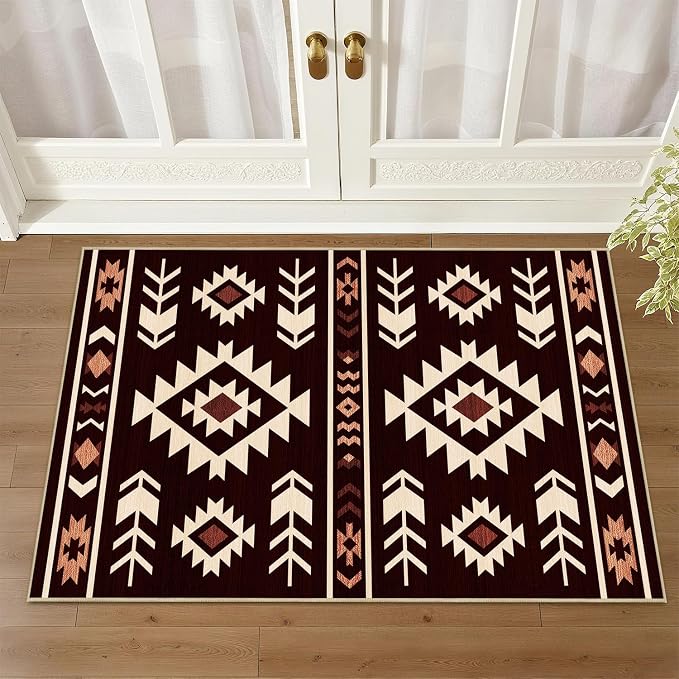 Western Rug 2x3 for Entryway Indoor Mat, Southwestern Aztec Tribal Rugs Southwest Navajo Machine Washable Entrance Rug Non-Slip Printed Low-Pile Entry Floor Carpet Doormat for Bedroom, Red Brown