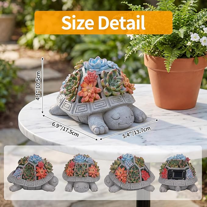 Solar Turtle Garden Outdoor Decor with Succulent & 7 LED Lights – Outside Tortoise Statue Decor for Yard Patio Balcony & Backyard - Home House Decoration Art - Gift for Men Dad Women Mom