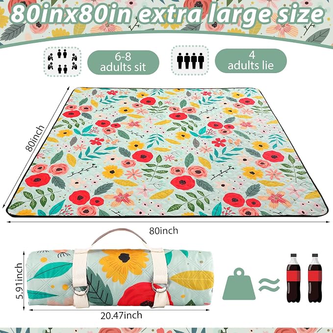 Tegeme Beach Picnic Blanket Floral Waterproof Outdoor Blanket 80''x80'' Extra Large Portable Sandproof Machine Washable 3 Layer Thick Gingham Picnic Mat for Beach Camping Park Grass(Green)