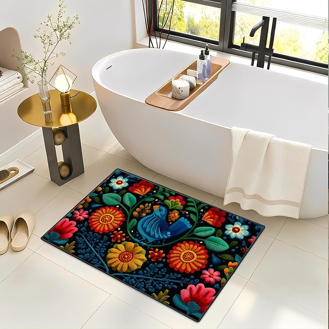 Blue Bird Folk Art Floral 2x3 Entry Rug,Washable Small Rugs for Entryway Kitchen Bathroom Door Mat Indoor Entrance,Non Slip Rubber Backing, Stain & Fade Resistant,Vibrant Mexican Embroidery Decor