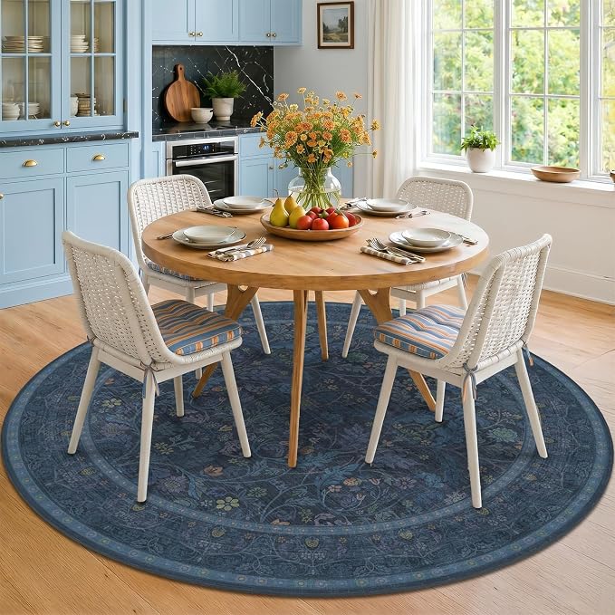 Washable 8ft Large Round Area Rug for Living Room, Moody Navy Botanical Floral Circle Carpet, Vintage Traditional Floor Rug for Dining Room Under Table, Non-Slip Stain Resistant for Bedroom