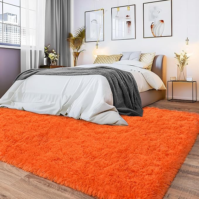 Soft Shag Fluffy Living Room Rug 6x9 Orange Washable | Upgrade Non-slip, 6 x 9 Shaggy Area Rugs for Bedroom, High Pile Fuzzy Plush Carpet Girls Kids Room Dorm, Flame Resistant