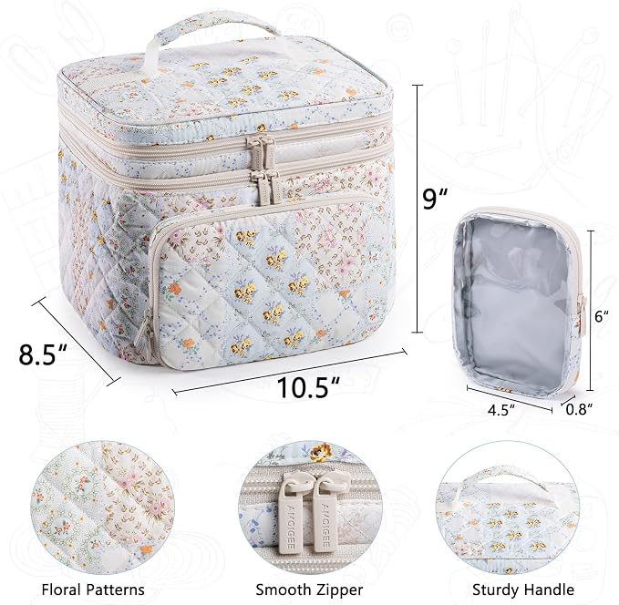 AMOIGEE Double-Layer Sewing Organizer Storage Bag with 2 Detachable Pouches, Large Quilted Sewing Basket for Supplies & Tools, Portable Travel Sewing Kit Case, Gift for Mom(BAG ONLY)