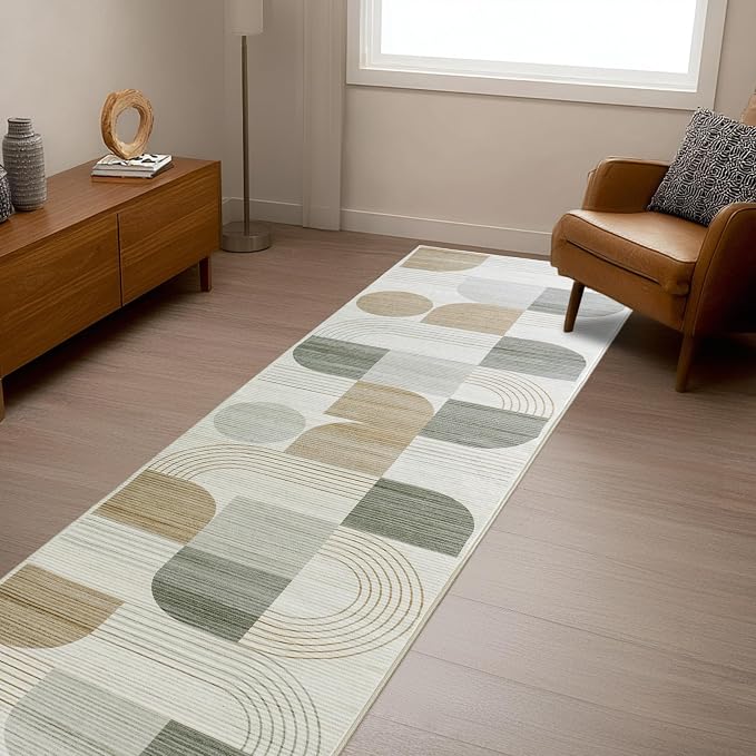 Soft Modern Geometric Abstract Machine Washable 2.7x8 Runner Rug | Beige Rugs for Bedroom Living Room, Non-Shedding Faux Wool Indoor Throw Floor Carpet for Office Entryway Dining Room Decor