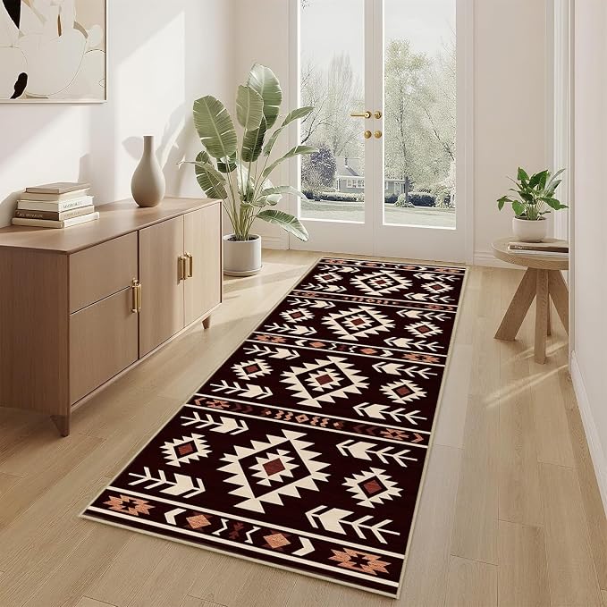 Western Runner Rug 2x6 for Hallway Kitchen Bedroom, Southwestern Aztec Tribal Runner Rugs Southwest Navajo Machine Washable Rug Non-Slip Printed Low-Pile Floor Carpet Mat for Living Room, Red Brown