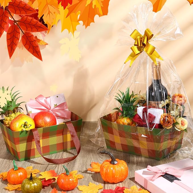 Qinyoung 12 Pcs Thanksgiving Basket for Gifts Empty 9.8 x 6.5'' Fall Plaid Gift Basket Empty to Fill with Handles, Bows, Plastic Bags and Twist Ties for Autumn Thanksgiving Party Favor Supplies