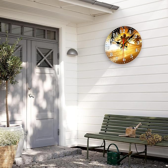 Wall Clocks Battery Operated, Tropical Palm Tree and Sunset on Ocean Beach Silent Non Ticking Decorative Indoor Outdoor Wall Clocks for Living Room Kitchen Bedroom Bathroom 12"