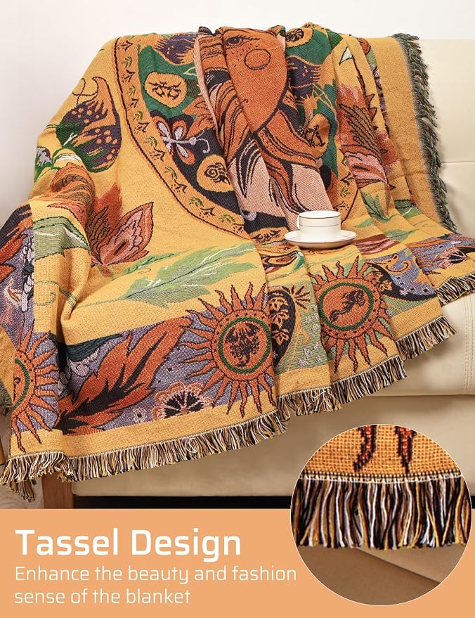 Boho Throw Blanket for Bed Couch Sofa Reversible Cotton Bohemian Travel Boho QuiltMexican Muslin Blanket Tapestry Hippie Room Decor Outdoor Blanket Double Sided (Sun Pattern Yellow 70"x90")