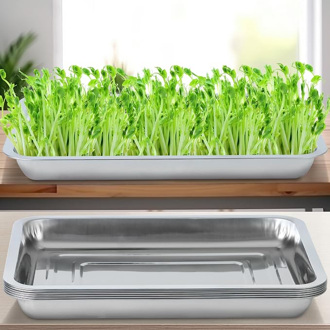 6 Pack Seed Starter Tray 13.78x 10.24x 1.38Inch Plant Germination Trays Stainless Steel Seed Sprouting Trays Microgreens Growing Trays