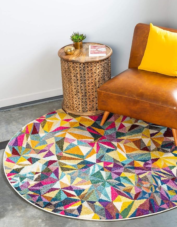 Unique Loom Estrella Collection Geometric, Triangles, Bright Colors, Abstract, Modern Area Rug (6' 0 x 6' 0 Round, Multi/Beige)