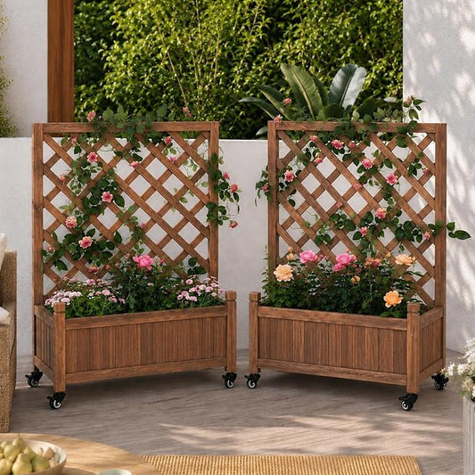2 Pack Trellis Raised Garden Bed with Wheels, 38" Tall Wooden Planter Box with Trellis, Lattice Privacy Screen with Drainage Holes for Patio Balcony Garden