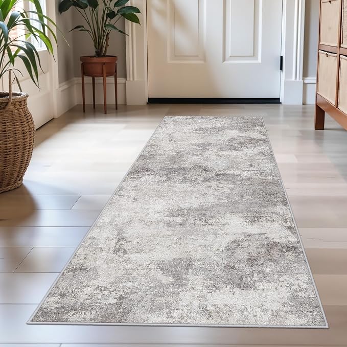 2x5 Washable Abstract Rug Runner: Non Slip Hallway Carpet for Entryway Grey | Kitchen,Laundry Room- Soft Low-Pile Thin Indoor Floor Mat - Modern Gifts for Newlyweds Household Home Decor 2x5 Grey