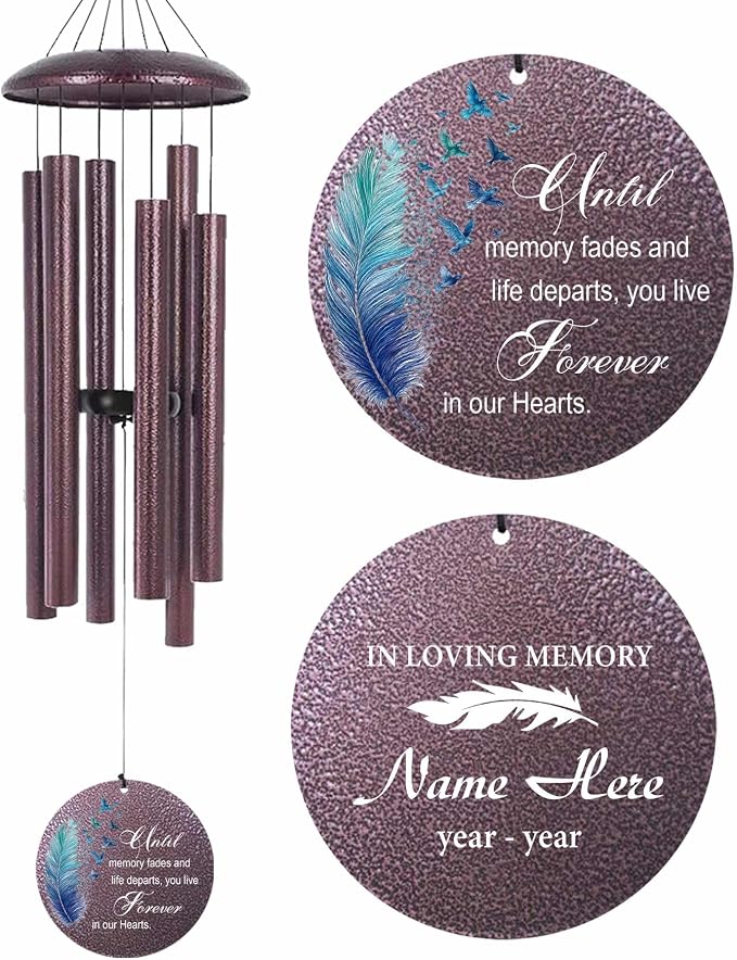 Customized 30/36/45 inch Memorial Wind Chimes for Loss of Loved One, Blue Feather Sympathy Gift Wind Chime for Loss Mom Dad, Deep Tone Outdoor Decoration, Produced in Texas