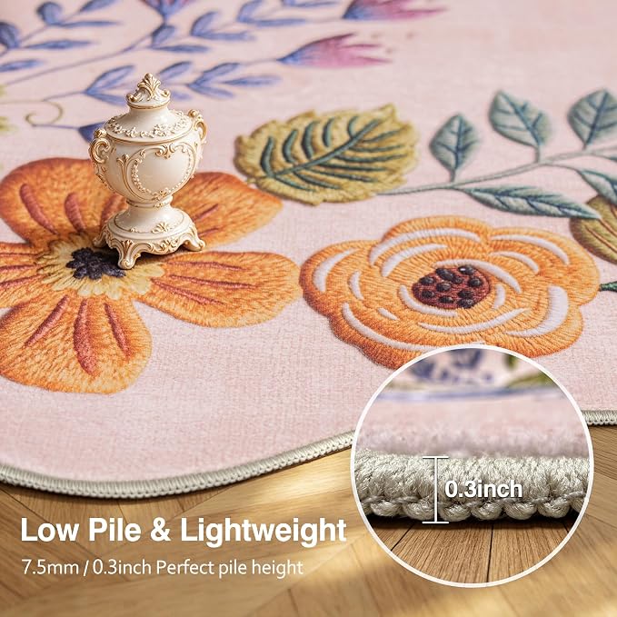 FMFUNCTEX 5x7 Washable Blush Pink Floral Scalloped Area Rug for Living Room | Vintage Flower Colorful Traditional Boho Distressed Soft Non Slip Low Pile Large Pattern Indoor Carpet Dining Bedroom Nursery