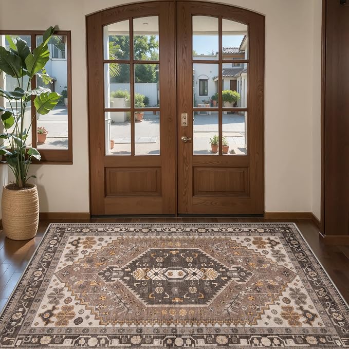 Ciicool Washable 3x5 Area Rug,Boho Non-Slip Indoor Mat for Entryway Kitchen | Oriental Hazel Soft Vintage Boho Indoor Entry Carpet for Bedroom Bedside Living Room Laundry Dining Room