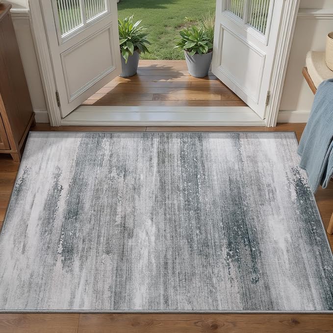 Tangsoo Abstract 2x3 Washable Rugs for Entryway, Small Area Rug Non Slip | Modern Low Pile Soft Throw Rugs, Contemporary Indoor Front Door Mat Rug for Entrance Entry Foyer Kitchen Grey Home Decor