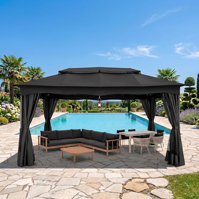 COBIZI Gazebo 12x20 FT Outdoor Gazebo on Clearance with Double Ventilated Arc Roof, Privacy Curtains & Mosquito Netting, Easy Set up Canopy Tent with Stable Metal Frame for Patio Black