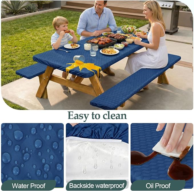 Play Tailor Picnic Table Cover with Bench Covers Camping Essentials Waterproof Windproof Camping Tablecloth with Drawstring Bag, Fitted Rectangle Tables and Seats, 72in, Deep Blue