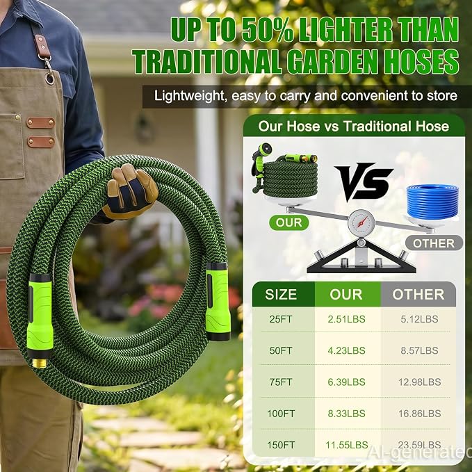 NON-EXPANDABLE Garden Hose 50ft x5/8'', Heavy Duty Flexible Water Hose with 10-Function Sprayer, Lightweight, Leak Proof, Durable Fabric Skin, Pressure Resistant for Yard, Outdoor