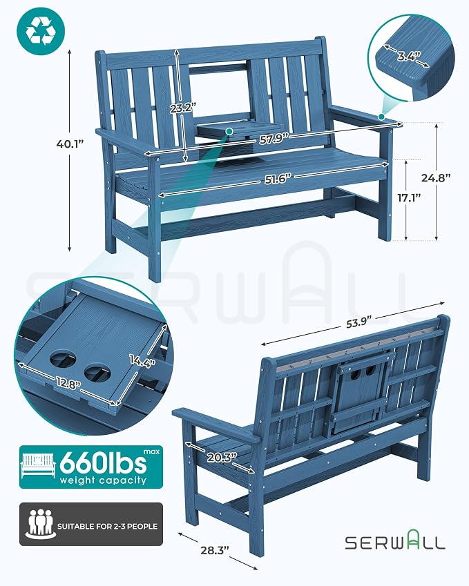 SERWALL HDPE Outdoor Bench with Cup Holder Oversized 58" Porch Bench, Navy | Suitable for 3 Person, Heavy-duty, High Backrest, Weatherproof Material Patio Benches for Garden, Park, Yard, Front Porch