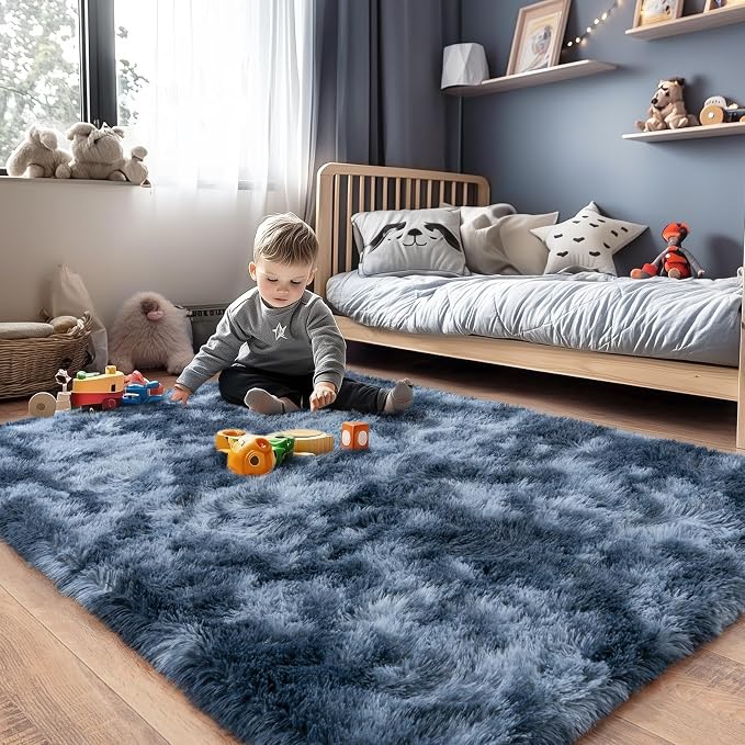 Rugs for Bedroom, Ultra Fluffy Fuzzy Shag 5x7 Area Rug for Living Room, Modern Plush Soft Upgrade Non-Slip Carpet for Kids Girls and Boys, Dorms, Nursery, Home Decor, Tie-Dyed Blue Grey