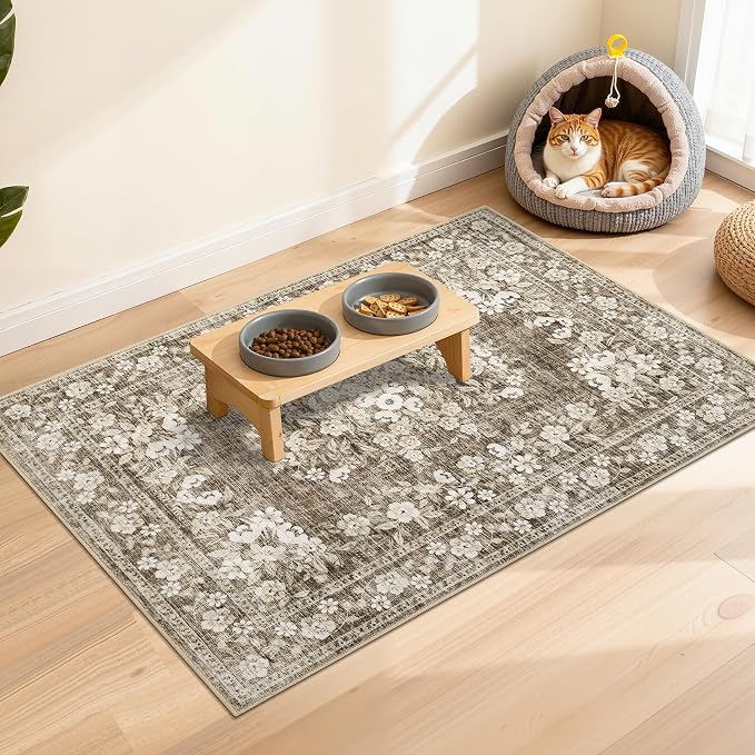 GarveeHome 2x3 Floral Rugs for Bath Vintage Small Mats Botanical Carpets | Machine Washable Non-Slip Low Pile Boho Kitchen Rugs Flower Accent Mats Bordered Area Rug for Hallway Entrance Brown