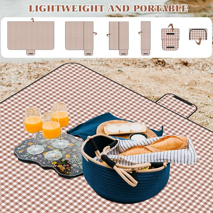 Picnic Blanket Waterproof Beach Rug 80''x118'' Picnic Mat Washable Lightweight with Handle Coffee Checkered for Hiking Travelling Outdoor Camping,Parks