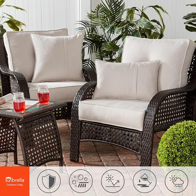 Sunbrella Deep Seat Cushion Set – Seat & Back Cushions for Patio Chairs, Sofas & Loveseats – Fade Resistant Outdoor Fabric, Ties, Zippered Cover, Cord Trim, Cast Pumice