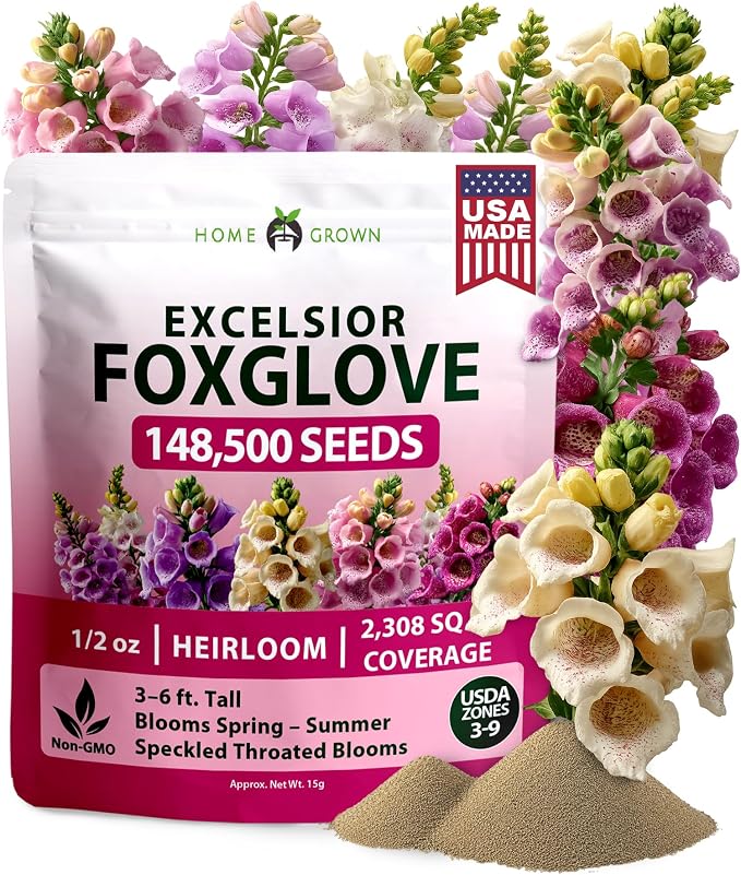 HOME GROWN Foxglove Seeds Mix 148,500 Bulk Mixed Color Flower Seeds 15g for Planting Outdoors Spring 2026, Perennial Wildflowers for Cottage Gardens, Borders & Pollinator Gardens (Digitalis purpurea)