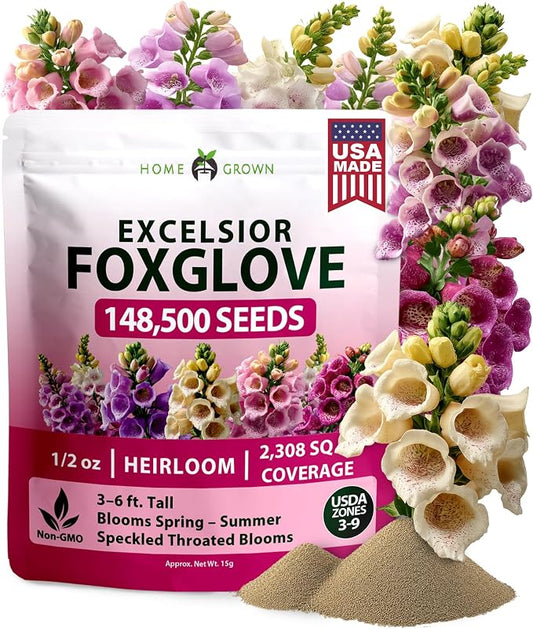 HOME GROWN Foxglove Seeds Mix 148,500 Bulk Mixed Color Flower Seeds 15g for Planting Outdoors Spring 2026, Perennial Wildflowers for Cottage Gardens, Borders & Pollinator Gardens (Digitalis purpurea)