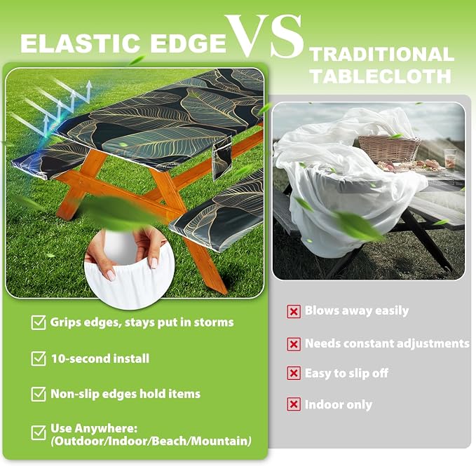Wrakus Picnic Table Cover with Bench Covers Vinyl Elastic Edges Fitted Rectangle Seat Tables Waterproof 3-Piece72X30in Set Outdoor Rectangular Folding Backing Tablecloth for Camping Over Size