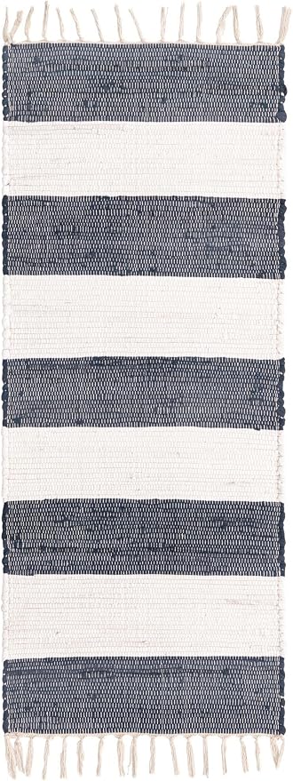 Unique Loom Chindi Rag Collection Area Rug - Striped (2' x 5' 1" Runner, Navy Blue/ Ivory)