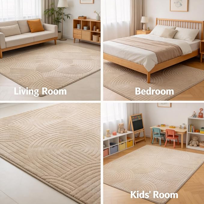 Brown Geometric 5x7 Solid Area Rug, Washable for Living Room Bedroom | Ultra Soft Thick Boho High-Low Pile Textured Indoor Carpet, Fluffy, Non-Slip Rugs for Bedside, Kids Room, Nursery,Home Office