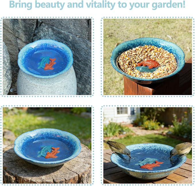 10" W Ceramic Bird Bath Bowl,Bird Bath for Outside with 2 Koi Fish Decor.