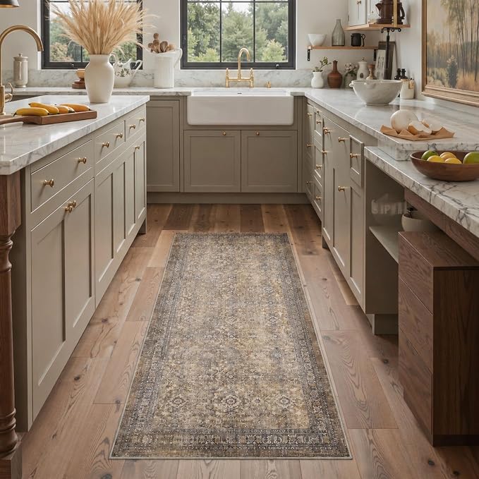 2X5 Washable Hallway Runner Rug, Boho Vintage Floral Non Slip | Dusty Taupe Floral Runner, Soft Faux Wool Rug for Corridor Kitchen Entryway, Stain Resistant, Pet-Friendly, Non-Shedding