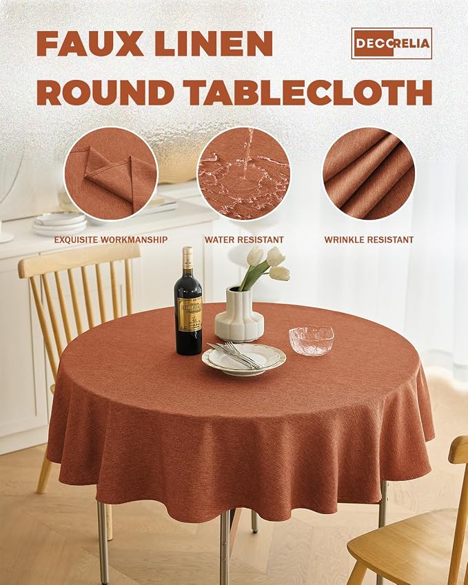 Decorelia Fall Farmhouse Round Table Cloth for Indoor/Outdoor, Harvest Thanksgiving Faux Linen Washable Tablecloth Cover for Party Dining & Kitchen Table Decor (60 Inch,Round (2-4 Seats),Burnt Orange)