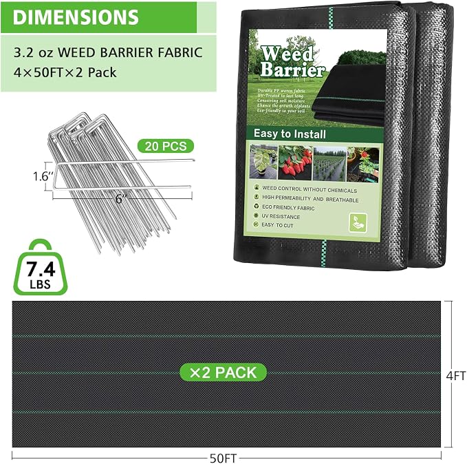 4x100FT Weed Barrier Landscape Fabric, 3.2oz Heavy Duty Garden Cloth, Ground Cover for Gardening, Come with 20 U-Shaped Securing Pegs