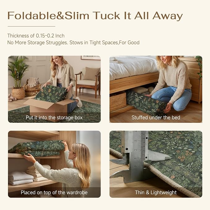 6x9 Dark Green Floral Area Rug Vintage Farmhouse Style | Washable, Non Slip, Soft Low Pile, Indoor Carpet for Living Room, Bedroom, Dining Room, Botanical Decor