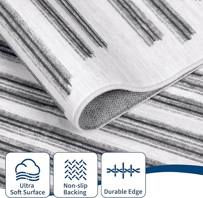 GarveeHome 5x7 Non Slip Striped Area Rug for Living Room Bedroom Classroom | Modern Minimalist Washable Low Pile Indoor Carpet Stain Resustant Rugs for Guest Room Home Office, Black Grey