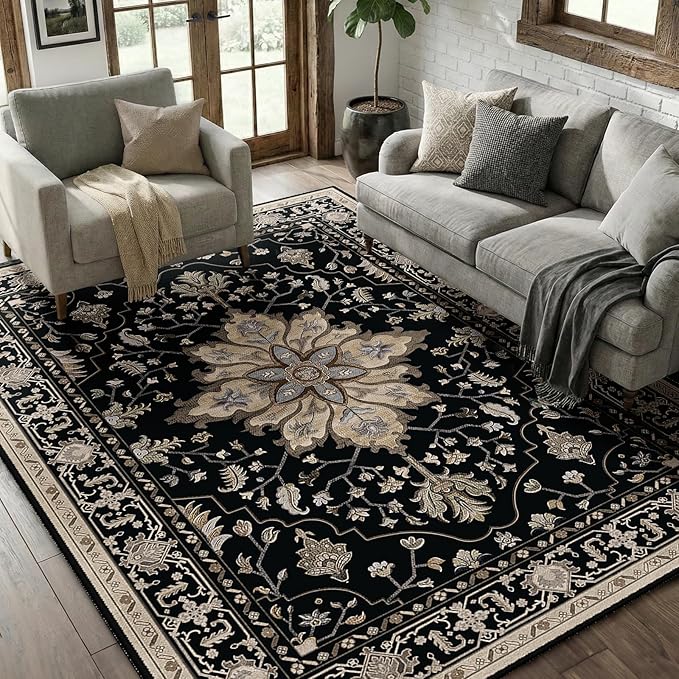 RELEANY Washable Area Rug, 5'x7', Black/Neutral | Non-Slip, Water Repellent, Pet Friendly, Easy to Clean, Vintage Floral Boho Decor for Living Room Bedroom Dining Room Office