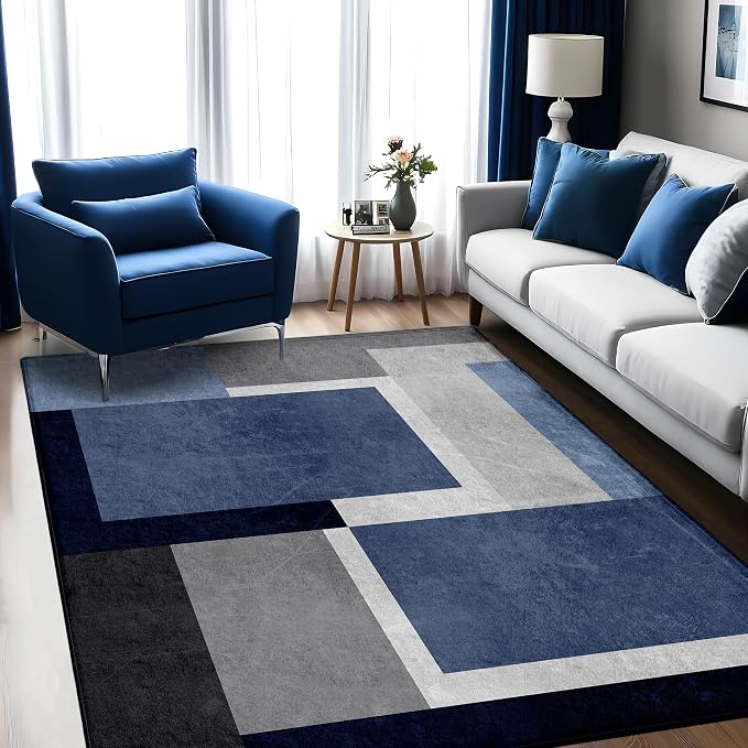Washable Low-Profile Geometric Area Rug, 0.2 inch Thin Abstract Rug Design for Living Room & Bedroom Decor, 5x7 ft Blue Grey Modern Non-Slip Floor Rug