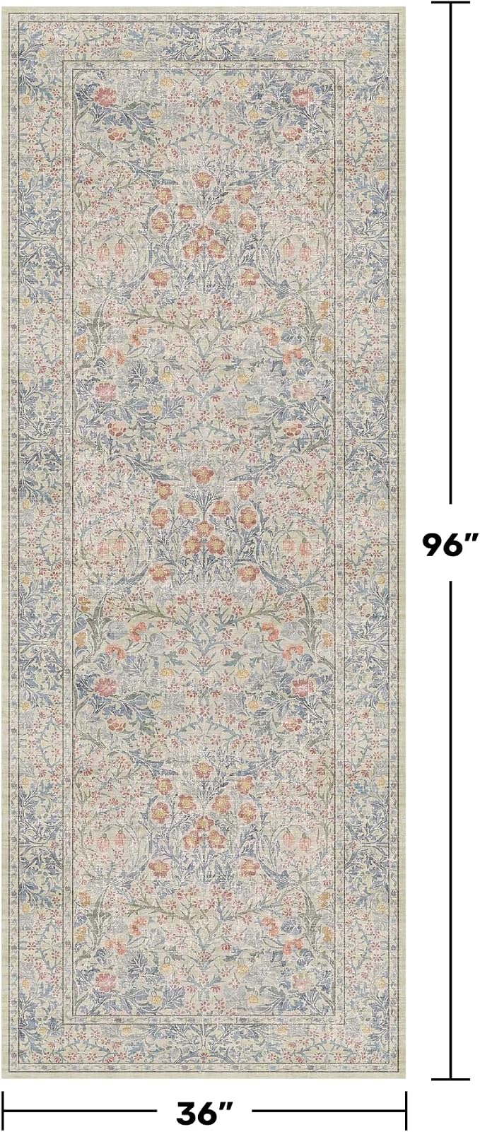 Floral 3x8 Wide Hallway Runner - Beige Blue with Lilic Accent, Boho Forest Decor, Washable Low Pile Non Slip Stain Resistant Rug for Long Kitchen, Large Bathroom, Hall Way