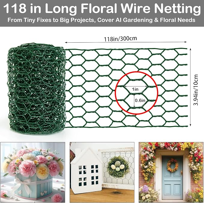 Chicken Wire 4in x 118in with a Pair of Gloves，1 Wire Cutter，50 Pcs Cable Zip Ties, Floral Chicken Wire Mesh 0.8mm Hexagonal Galvanized PVC Coated Garden Netting Fence for Craft Poultry Garden