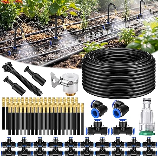 SiliFine 150 Pcs 98 ft 3/8" Greenhouse Drip Irrigation Kit with 40 Brass 360° Adjustable Nozzles and Faucet Adapter Install Adapters for Plants Lawns Gardens