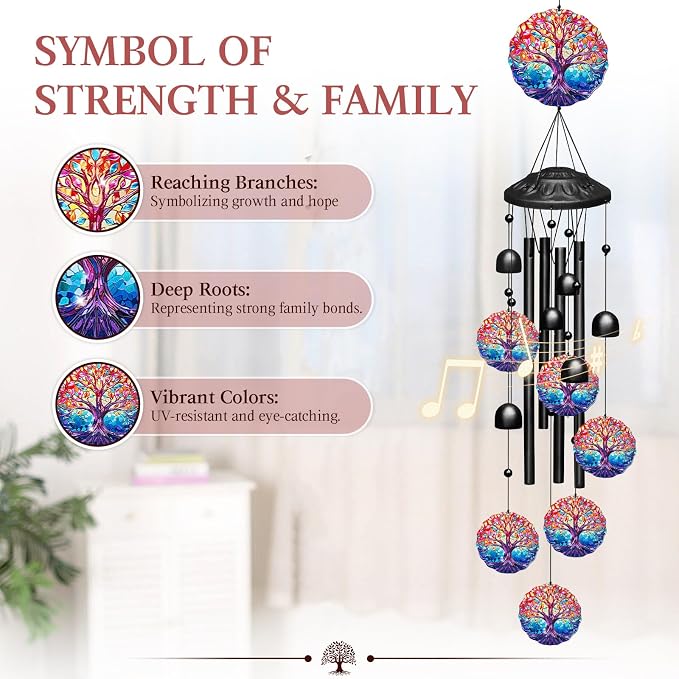 Tree of Life Wind Chimes for Outside,Soft Tone Metal Windchimes with Bells, Colorful Family Tree Decor for Garden Yard Patio,Memorial Sympathy Gifts for Women Mom in Gift Box