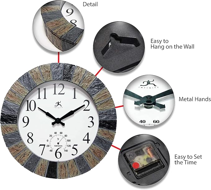 Infinity Instruments 13 inch Outdoor Wall Clock Faux Slate with Built-in Thermometer Combo Waterproof Large Outdoor Clock for Patios Weatherproof Battery Operated Quartz Movement