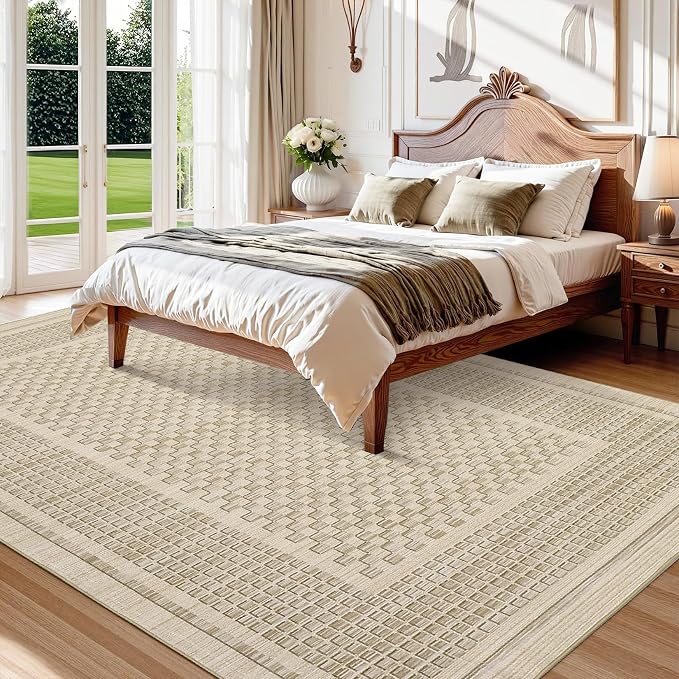 GarveeHome Washable Rug 9x12 Area Rug for Living Room Modern Bedroom Rug Beige Large Area Rug Non Slip Throw Rugs Soft Low Pile Stain Resistant Carpet for Dorm Nursery Dining Room 9 ft x12 ft